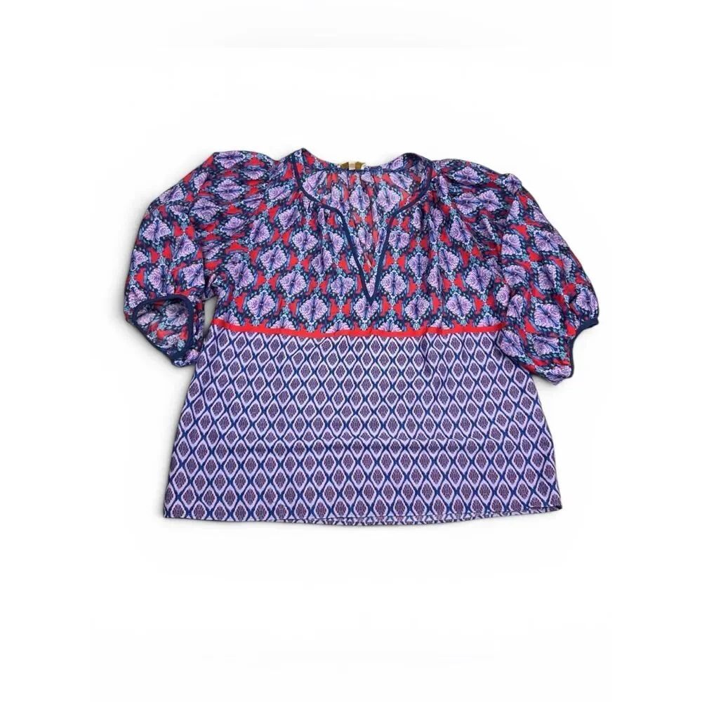 Collective Concepts Peasant Top Ikat Boho V-Neck 3/4 Sleeve Lightweight Shirt M